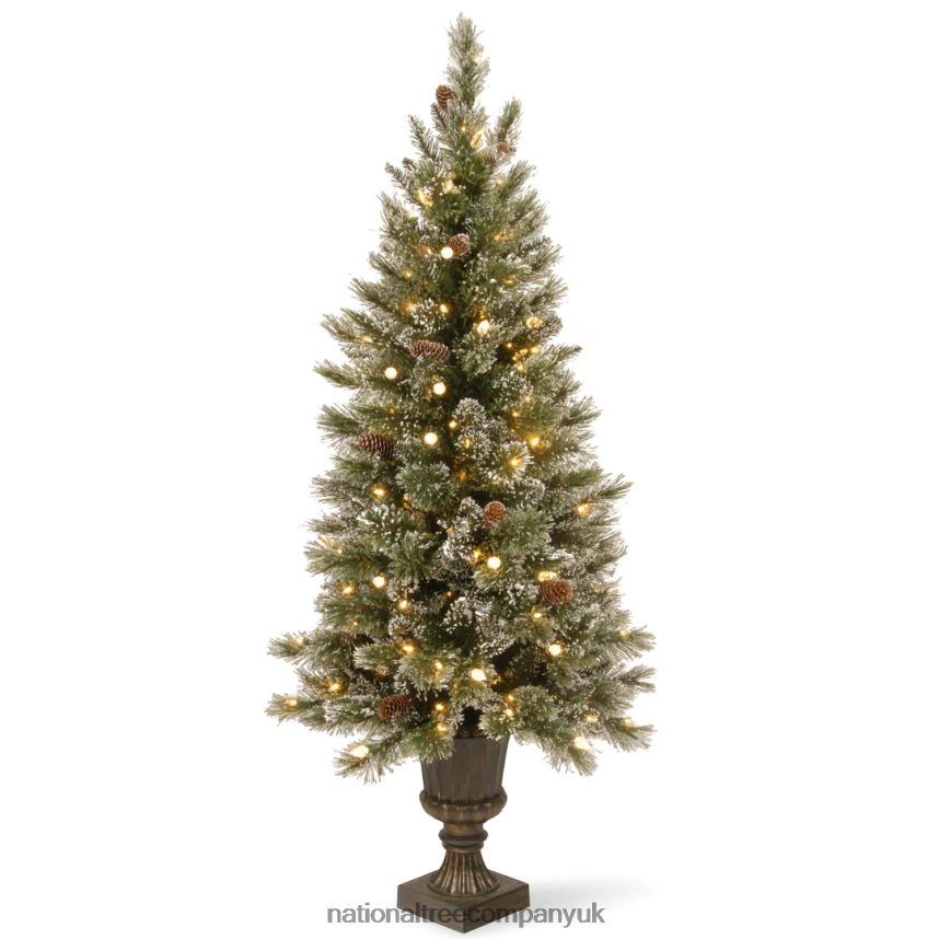 Trees | National Tree Company Pre-Lit Artificial Mini Christmas Tree Green Glittery Bristle Pine White LED Lights Flocked with Pine Cones Frosted Branches Includes Decorative Urn Base 4 Feet F2